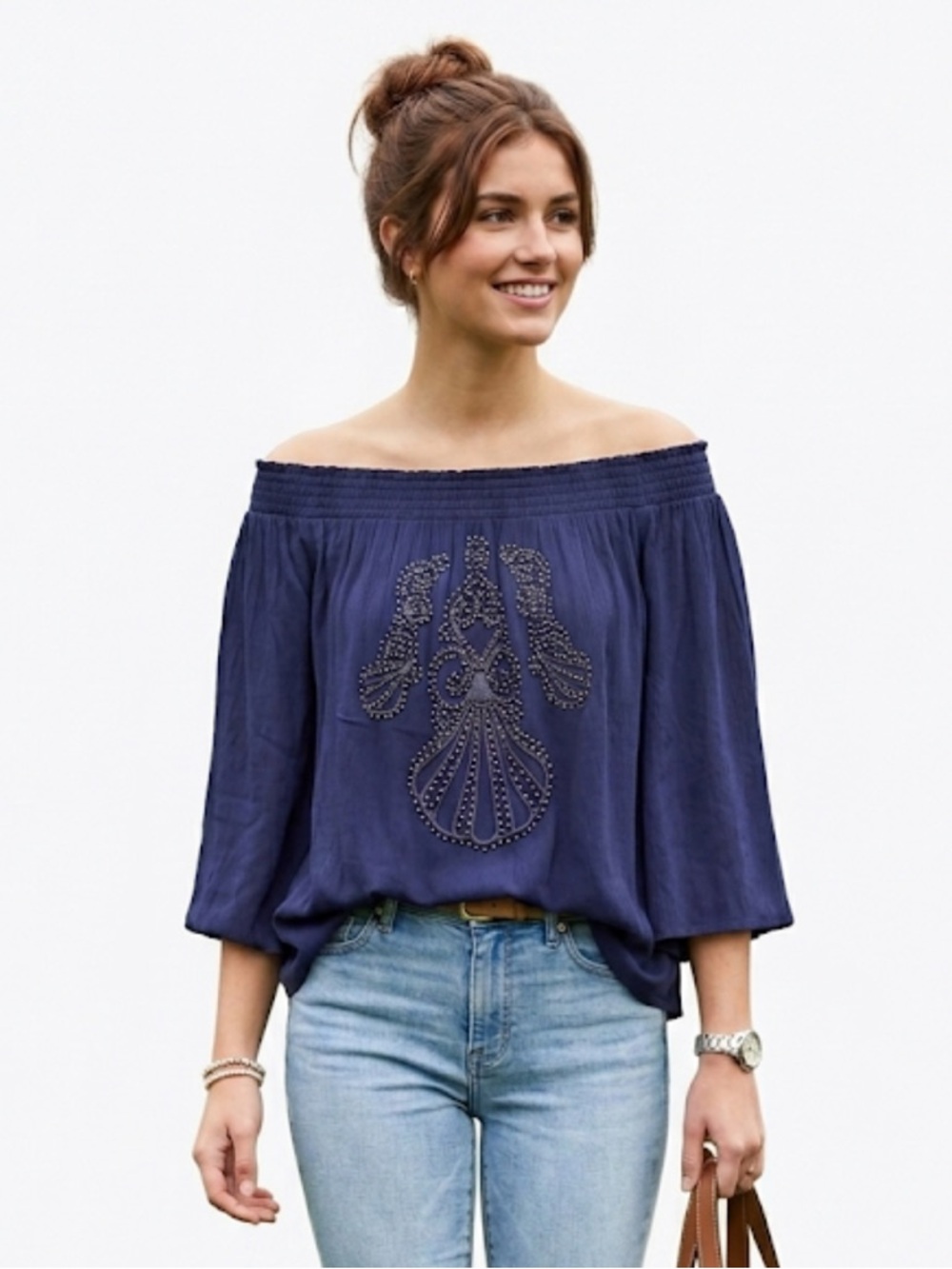 Lilly Pulitzer Nita off the shoulder embellished blue shirt women’s size XXS - Picture 8 of 8